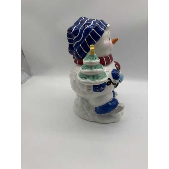 SNOWMAN Blue Willow Hat Candy Swag Peppermint Snowflake Cookie Jar - Picture 4 of 6